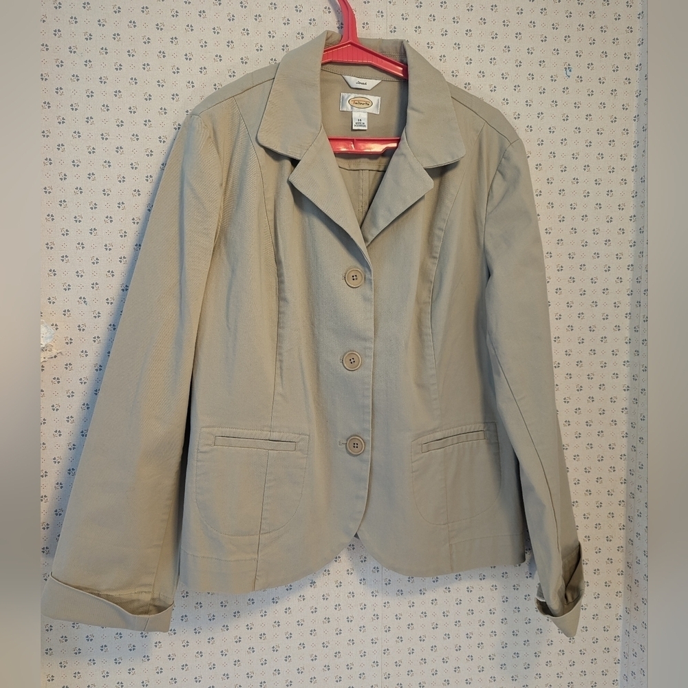 Talbots Stretch Blazer Jacket khaki tan cotton spandex 14 NWOT Saturday Casual